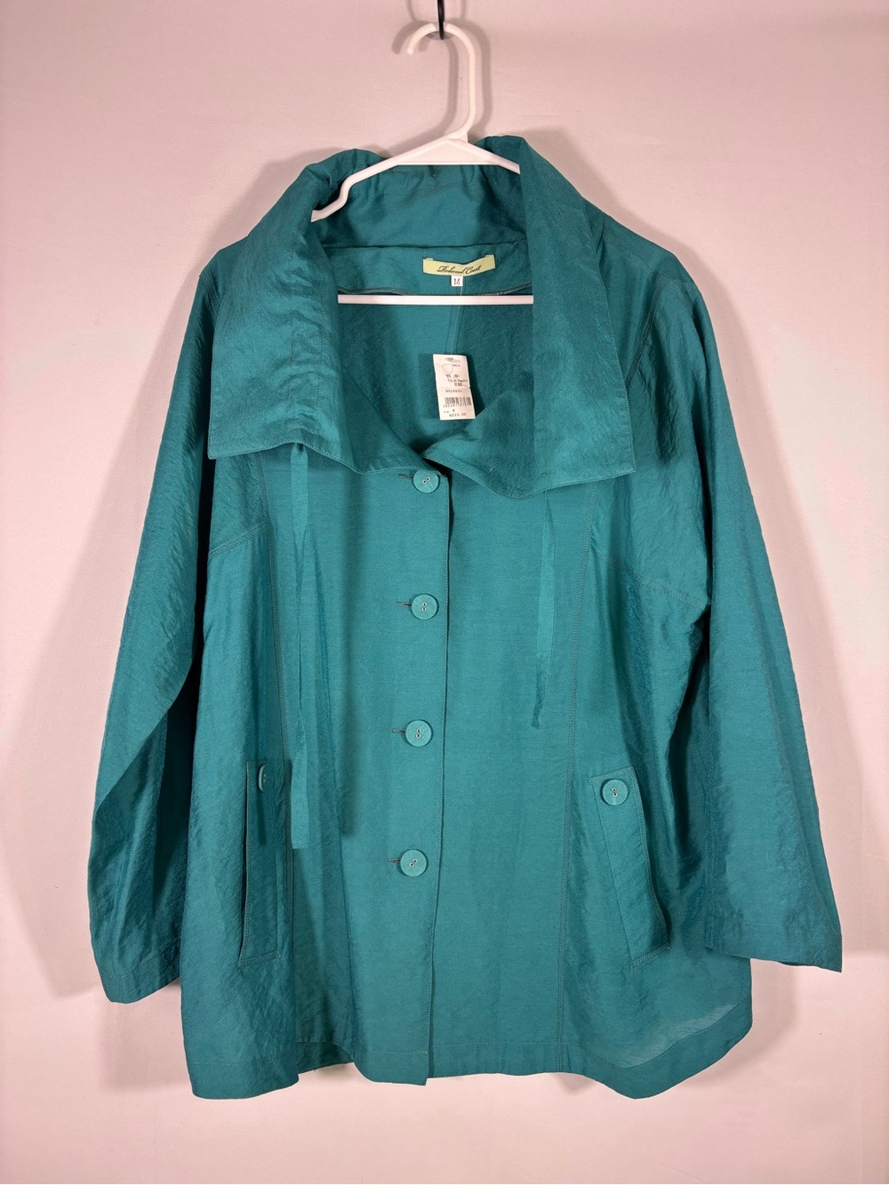 NWT Redwood Court Silk Bamboo Blend Jacket Teal Oversized Collar Medium